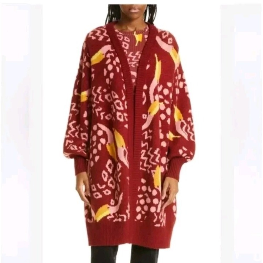 Farm Rio Long Knit Burgundy Brown Cardigan Toucan Sweater Size Oversized Xs M/L